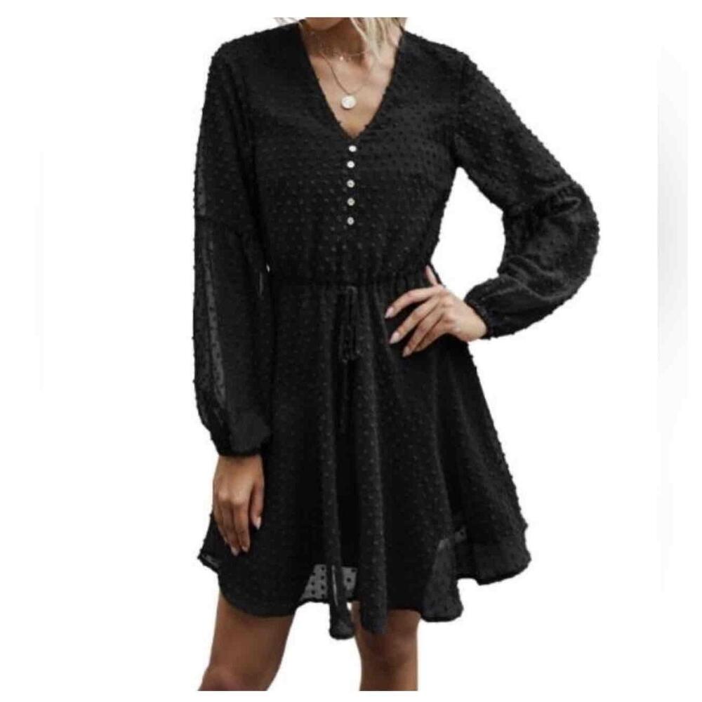 Bailey Blossoms Black Long Sleeve V-Neck Button Front Tie Waist  Dotted Dress